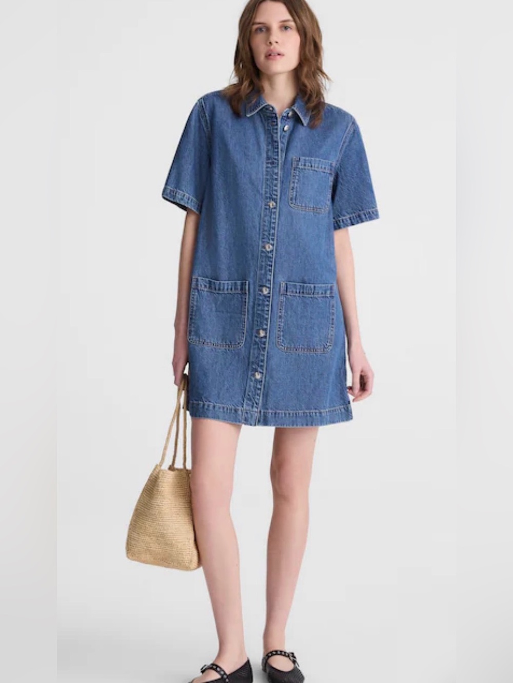 Madewell Airy Denim Boxy Mini Shirtdress | Blue Button Up Pockets Dress SIZE XL